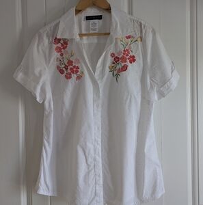 Karen Scott White Cotton Embroidered Floral Top | Short Sleeve Top | Western